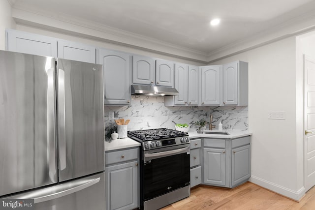 kitchen featuring sink, gray cabinetry, backsplash, stainless steel appliances, and light wood-type flooring