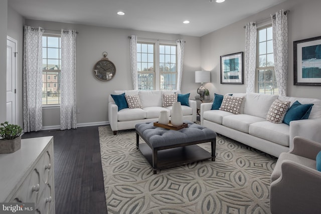 living area featuring dark wood-style floors, baseboards, and a wealth of natural light