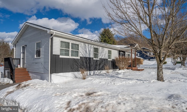 view of snow covered exterior