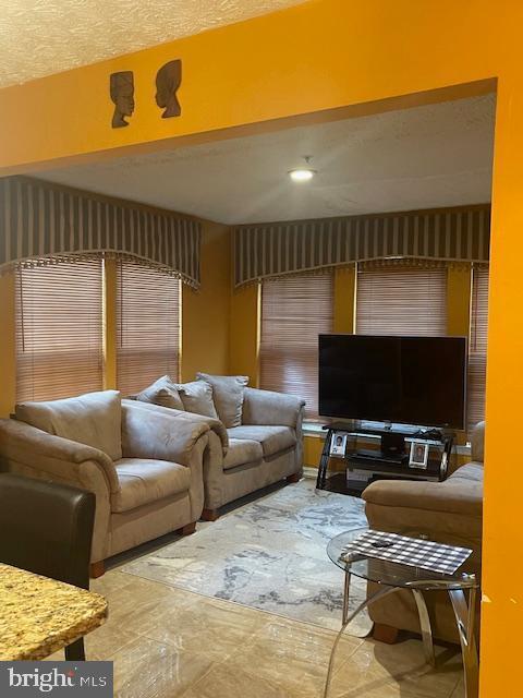 living room featuring a textured ceiling