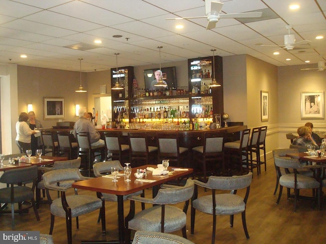 bar featuring a drop ceiling, ceiling fan, a bar, and wood finished floors