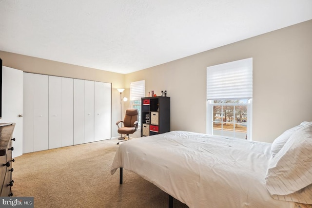 bedroom featuring light carpet and a closet