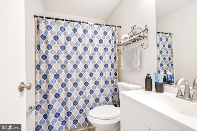 bathroom with toilet, a textured ceiling, and vanity