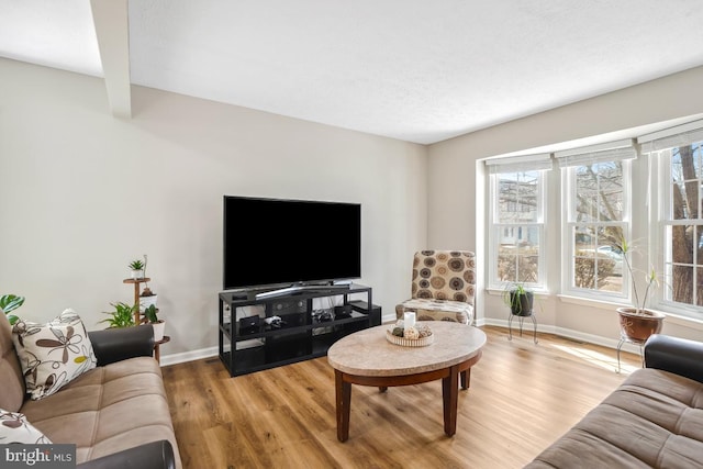 living area featuring light wood-style floors, baseboards, and a textured ceiling