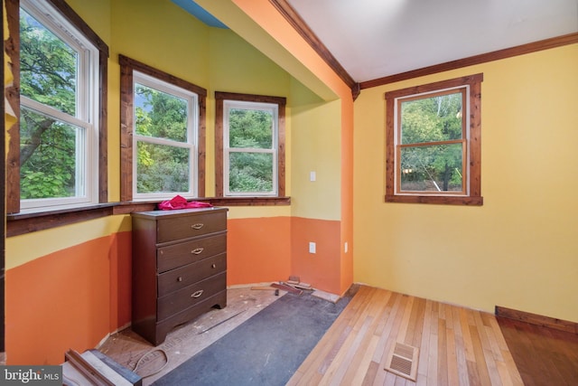 exercise room with crown molding and hardwood / wood-style flooring