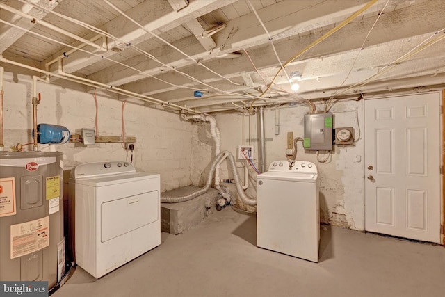 basement featuring separate washer and dryer, electric panel, and water heater