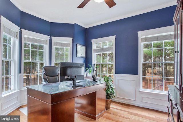 office space with crown molding, a wealth of natural light, ceiling fan, and light wood-type flooring