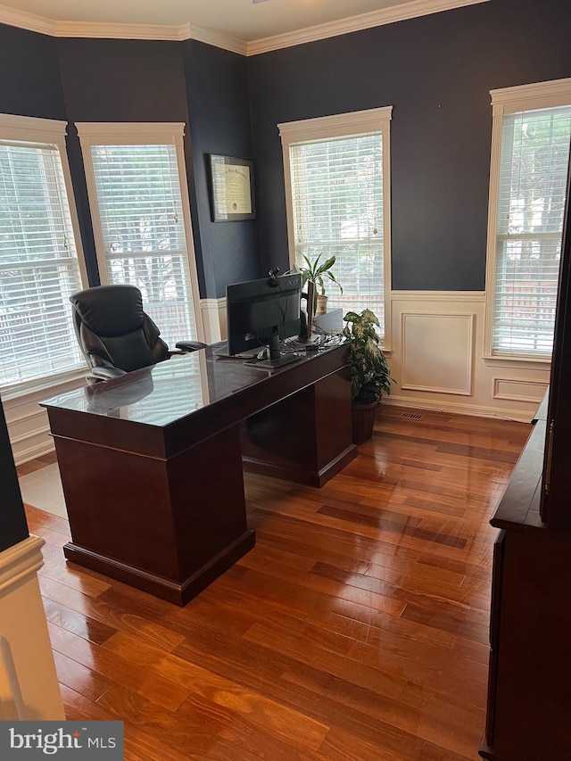 office featuring crown molding and dark hardwood / wood-style floors