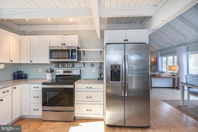 kitchen with vaulted ceiling with beams, white cabinetry, wood ceiling, light hardwood / wood-style flooring, and stainless steel appliances