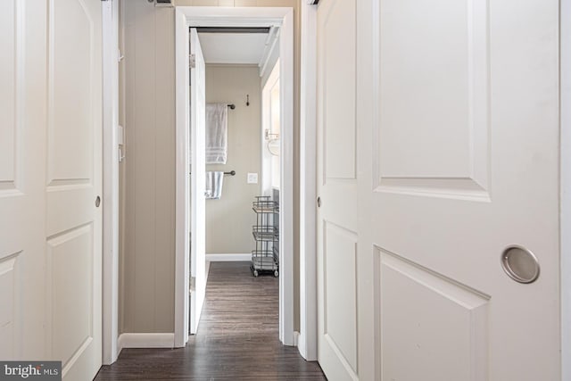 corridor featuring dark wood-type flooring