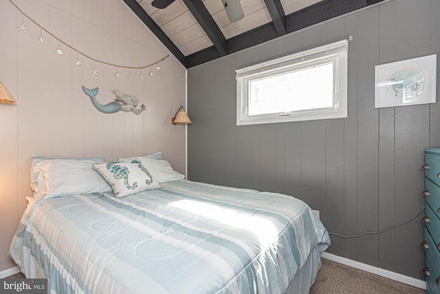 bedroom featuring wood ceiling, ceiling fan, carpet flooring, and vaulted ceiling with beams