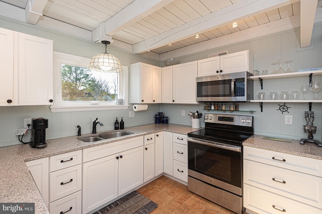 kitchen featuring white cabinetry, appliances with stainless steel finishes, sink, and pendant lighting