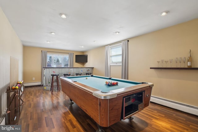 game room with pool table, a baseboard heating unit, baseboard heating, recessed lighting, and wood finished floors