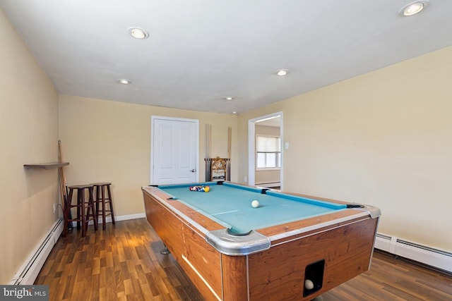 rec room featuring recessed lighting, a baseboard heating unit, dark wood-type flooring, and pool table