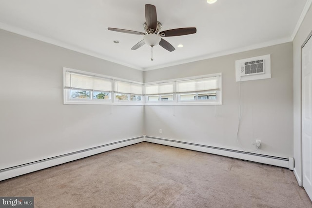 carpeted empty room with a wall mounted air conditioner, a baseboard heating unit, ceiling fan, and ornamental molding