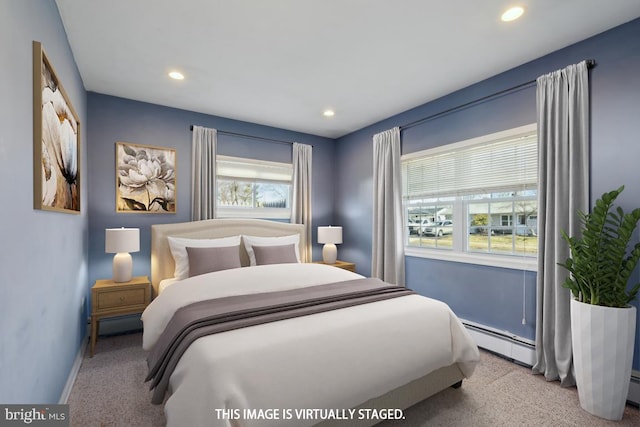 carpeted bedroom with recessed lighting, a baseboard radiator, baseboards, and a baseboard heating unit