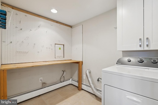 clothes washing area with recessed lighting, washer / clothes dryer, and cabinet space