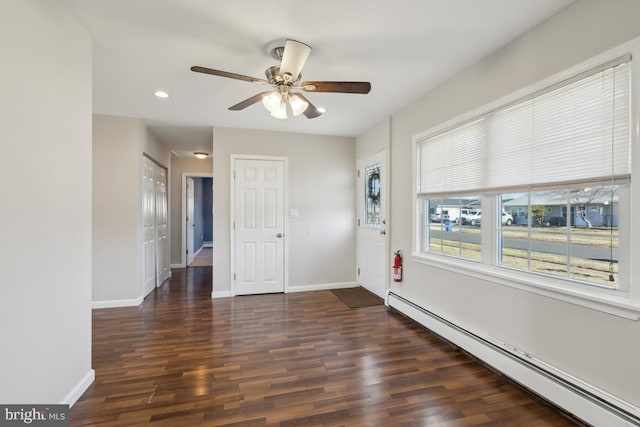 foyer featuring wood finished floors, recessed lighting, a baseboard radiator, baseboards, and ceiling fan