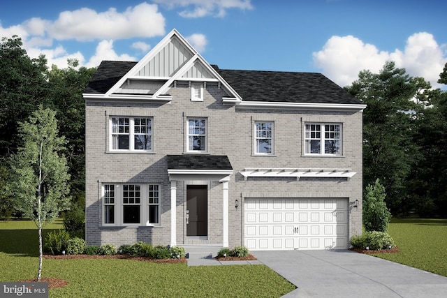 view of front facade with a garage and a front lawn