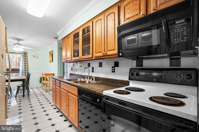 kitchen with sink, backsplash, ornamental molding, ceiling fan, and black appliances