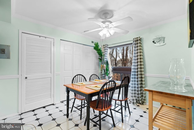 dining area with ceiling fan, ornamental molding, and electric panel