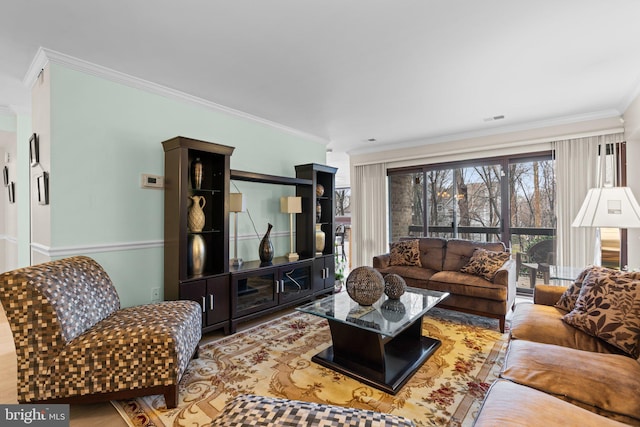 living room featuring ornamental molding