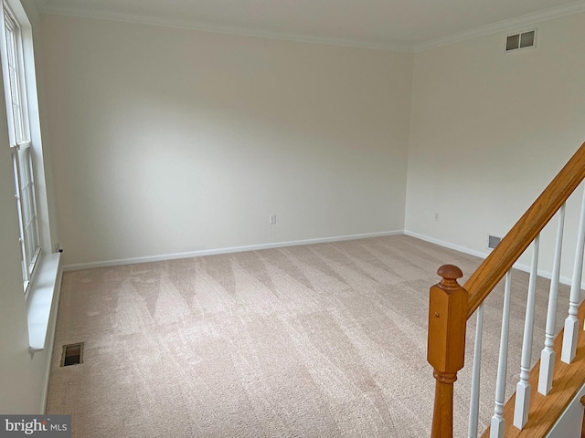 carpeted spare room featuring crown molding