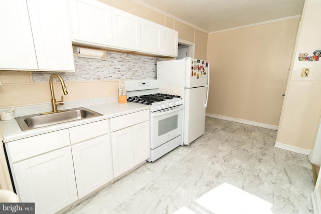 kitchen featuring white cabinets, gas range gas stove, marble finish floor, light countertops, and a sink