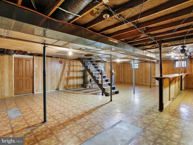 basement with wooden walls