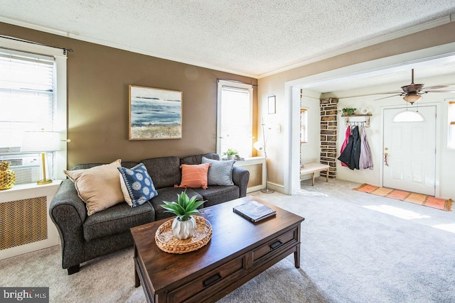 carpeted living room featuring cooling unit, ornamental molding, a textured ceiling, and radiator heating unit