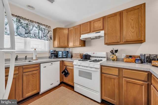 kitchen with sink, white appliances, and light hardwood / wood-style floors