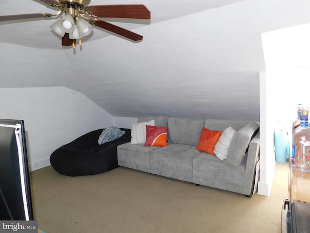 carpeted living room featuring lofted ceiling and ceiling fan