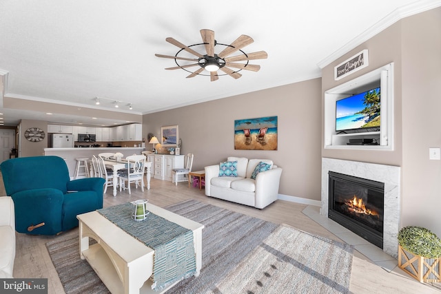 living room with crown molding, light hardwood / wood-style flooring, and a premium fireplace