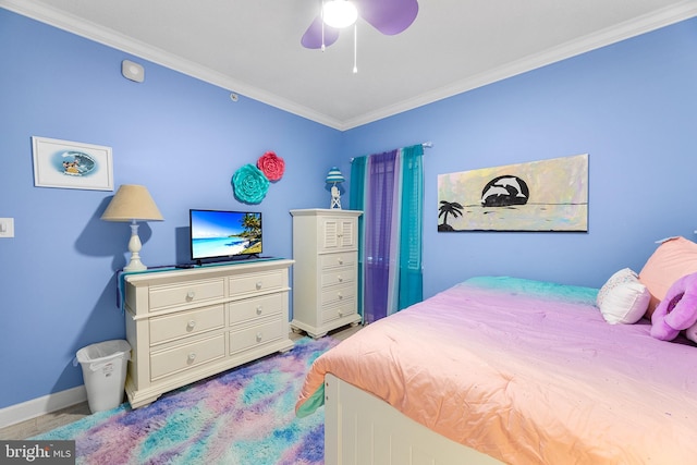 bedroom featuring crown molding and ceiling fan