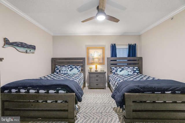 bedroom featuring hardwood / wood-style flooring, crown molding, ceiling fan, and a textured ceiling