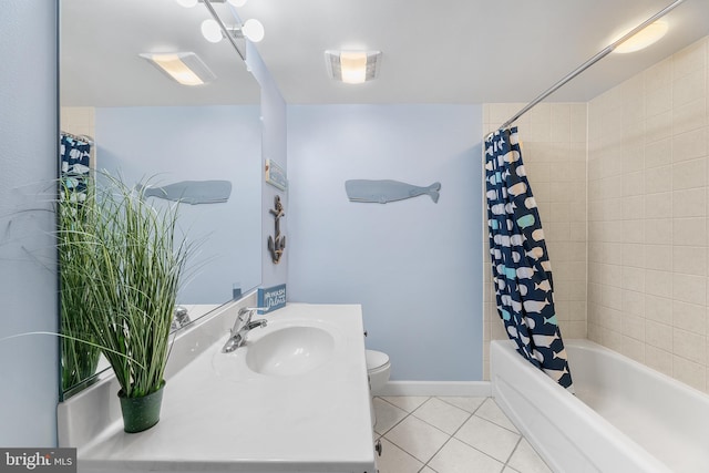 full bathroom with shower / bathtub combination with curtain, vanity, tile patterned floors, and toilet