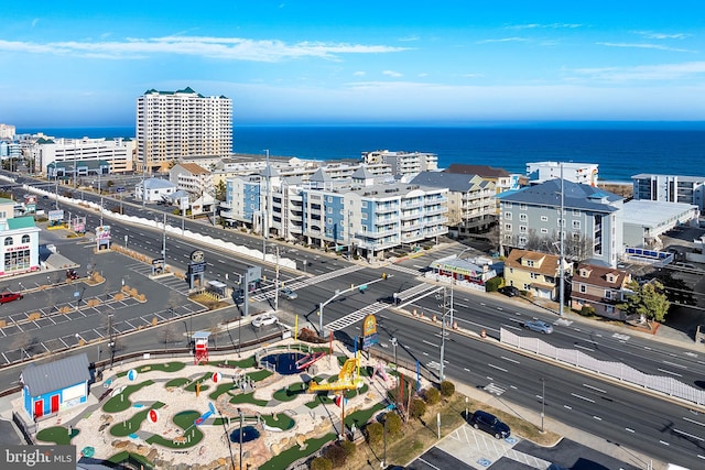 bird's eye view with a water view