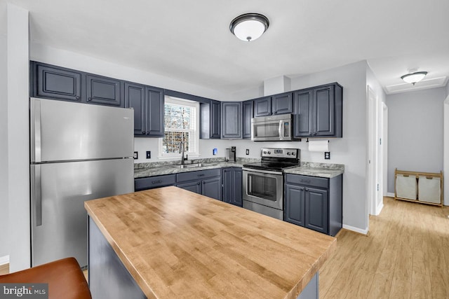 kitchen featuring appliances with stainless steel finishes, sink, and light hardwood / wood-style floors