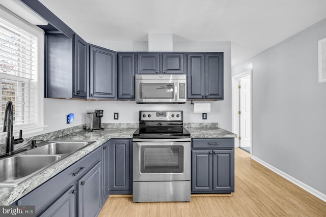 kitchen featuring sink, gray cabinets, stainless steel appliances, and light hardwood / wood-style floors