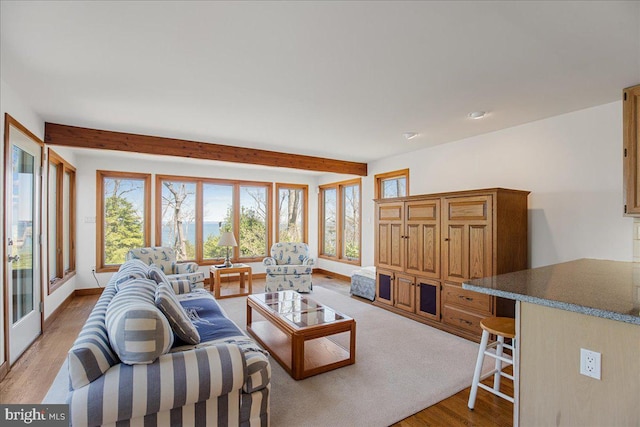 living room featuring light wood-style floors, baseboards, beam ceiling, and a wealth of natural light