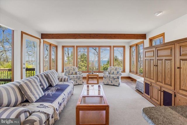 living room featuring beamed ceiling and light carpet