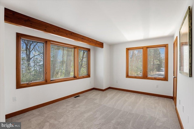 unfurnished room featuring light colored carpet, a wealth of natural light, and visible vents