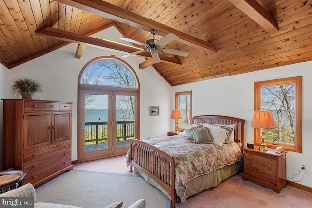 bedroom with wood ceiling, lofted ceiling with beams, access to exterior, and light colored carpet