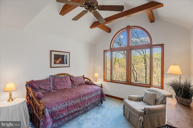 living room featuring baseboards, a ceiling fan, carpet, and beam ceiling