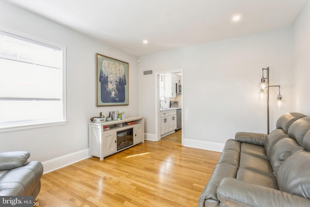 living room featuring sink and light hardwood / wood-style flooring