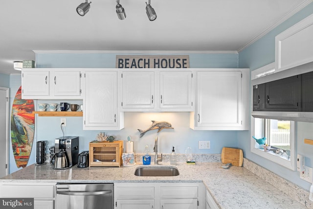 kitchen with sink, ornamental molding, dishwasher, and white cabinets