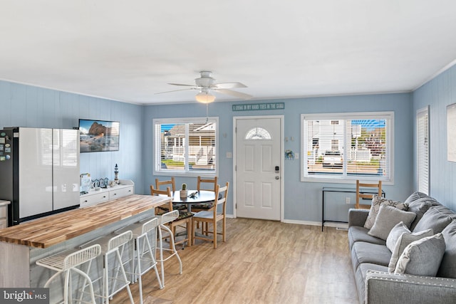 living room featuring a wealth of natural light, light hardwood / wood-style floors, and ceiling fan