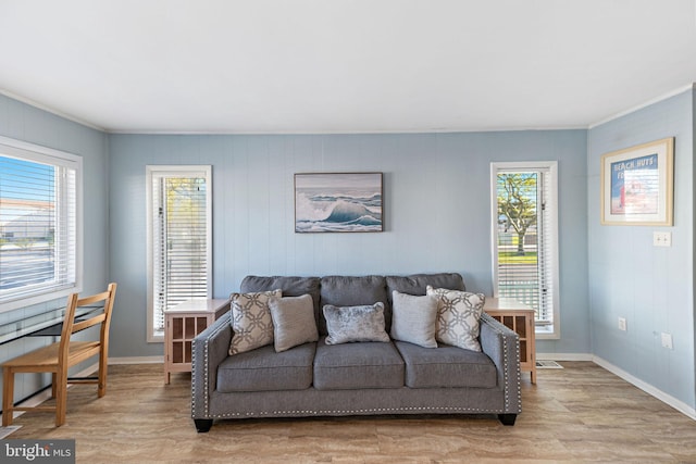 living room with crown molding and light wood-type flooring