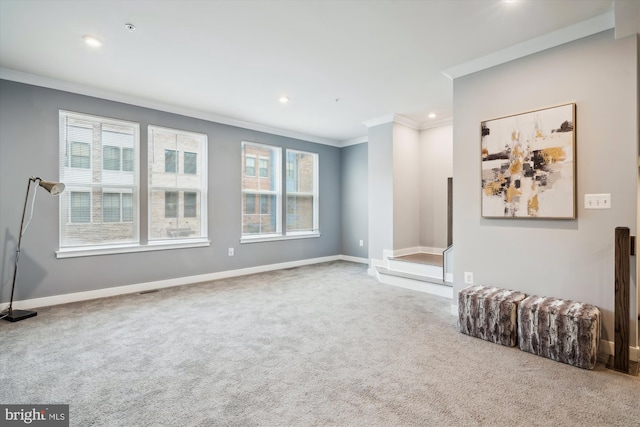 empty room featuring ornamental molding and carpet