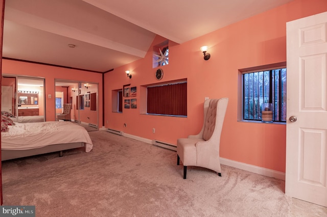 carpeted bedroom featuring a baseboard heating unit and ornamental molding